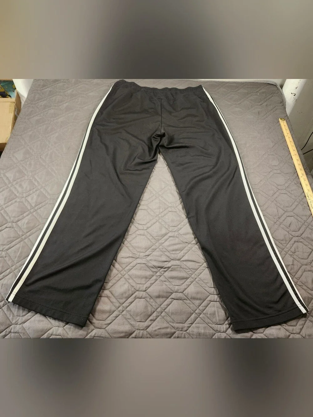 black Adidas activewear track pants white three-stripe detailing men's size XL